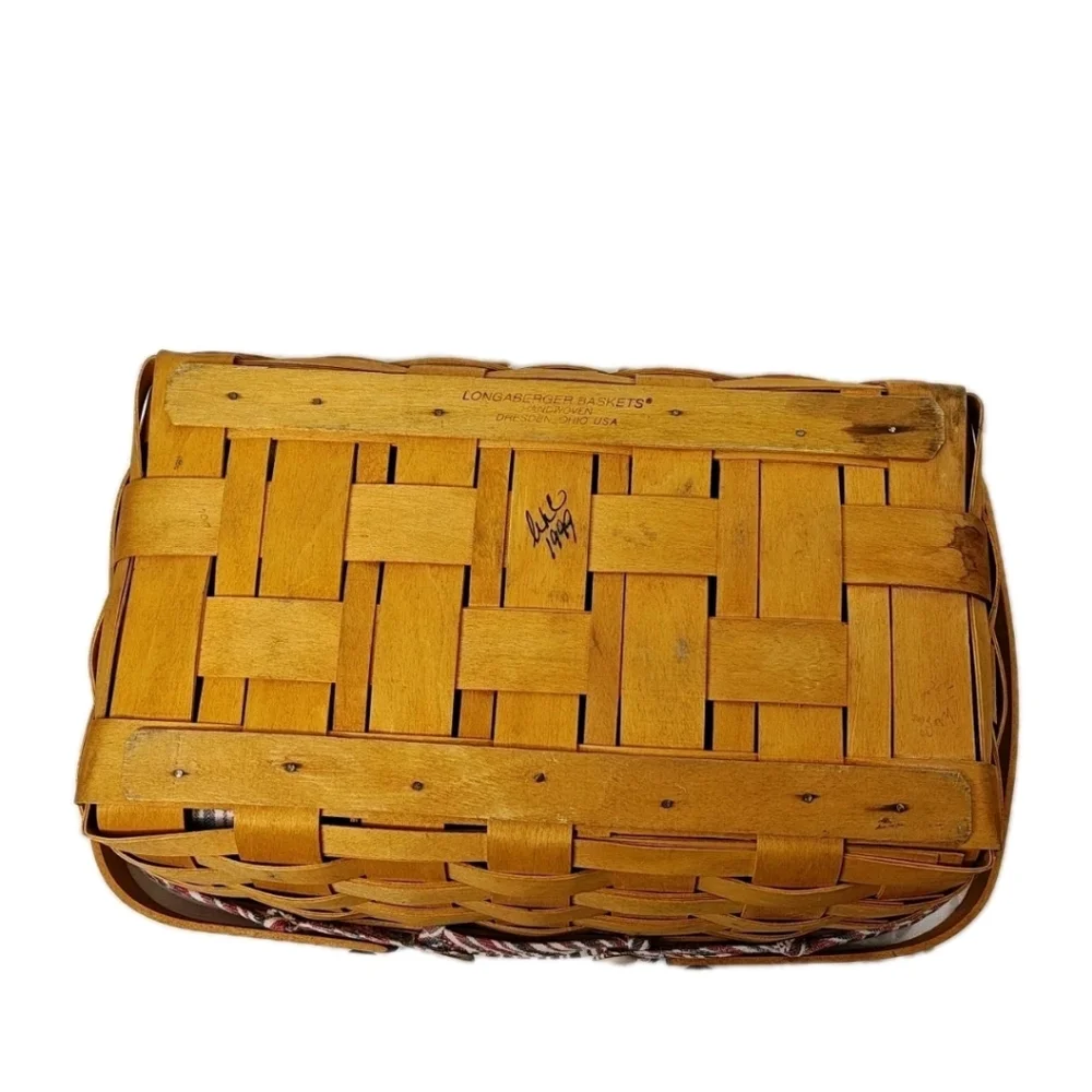 Vtg 90s Longaberger Med Gathering Basket Double Handle Nautical Striped Liner